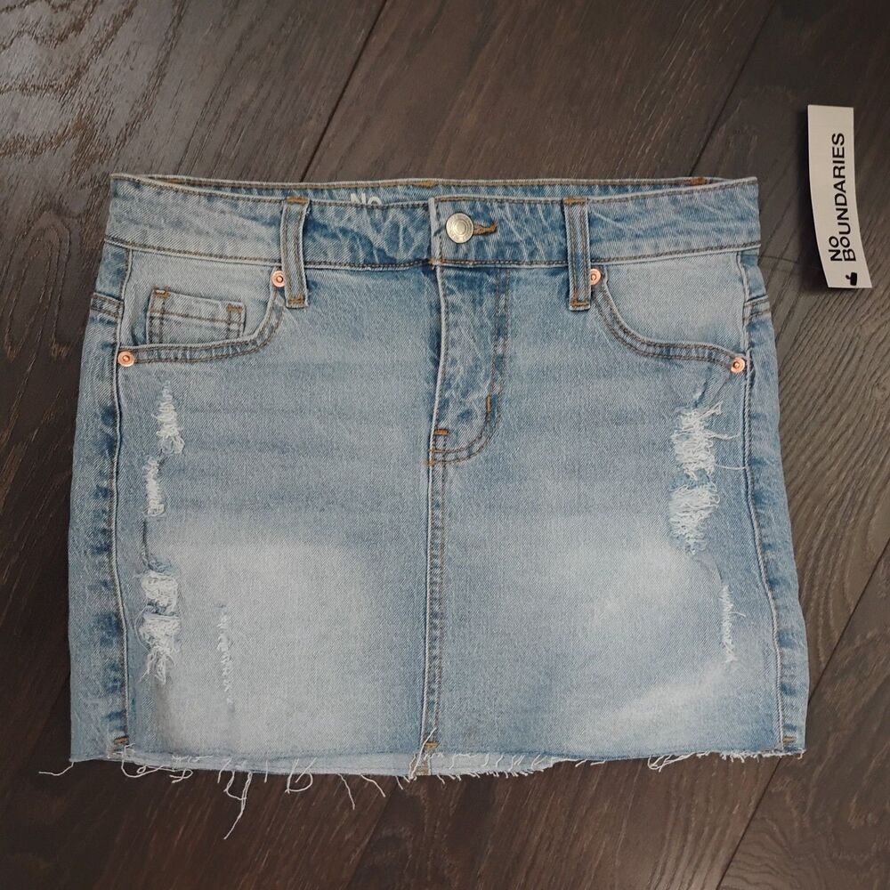 No Boundaries Blue Solid Denim Mini Skirt 00/XXS Distressed Pockets Stretch